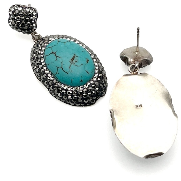 Sterling Silver and Turquoise Drop Earrings Accented with Marcasite and Crystals - Picture 3 of 5